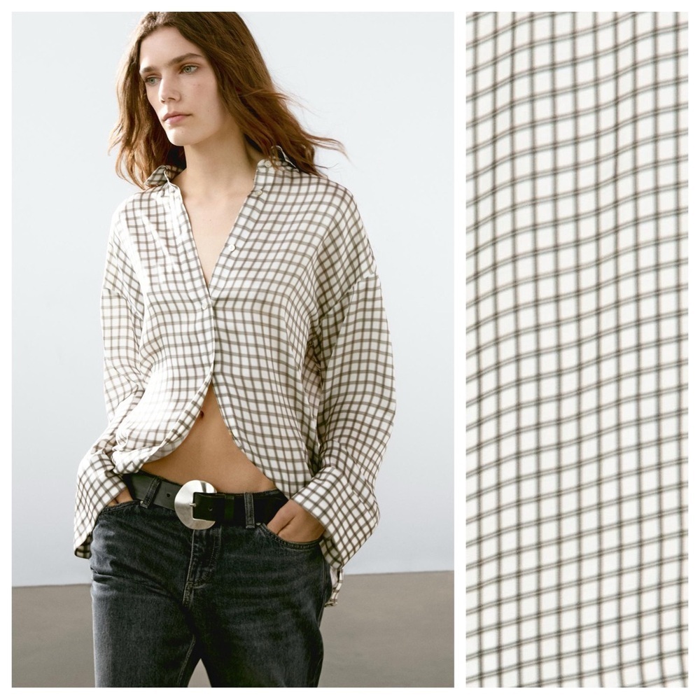 NWT. Massimo Dutti Pearl Grey Flowing Check Print Shirt. Size XS, S.